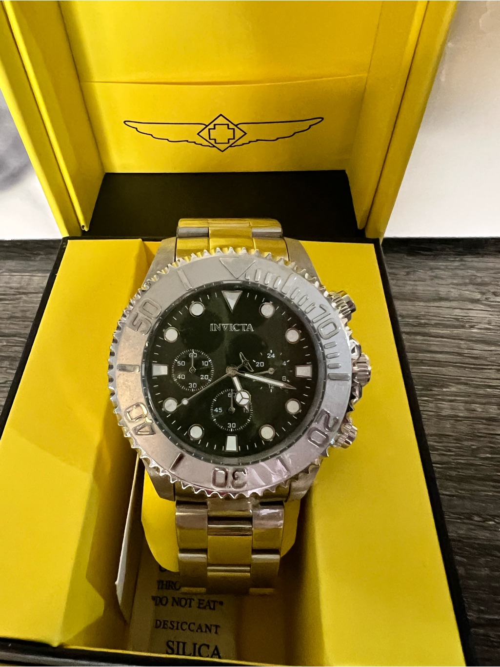 Invicta Silver Watch With Black Dial In Yellow Presentation Box